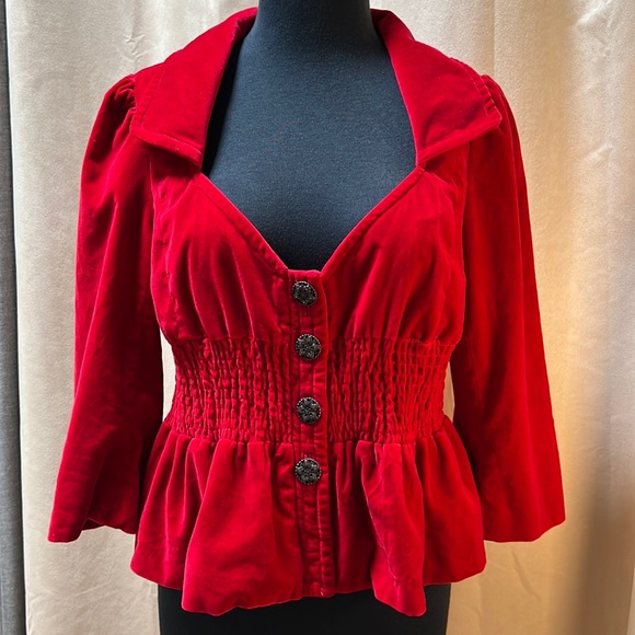 elevenses Jackets & Coats Elevenses Red Velvet Smocked Waist Peplum Jacket Poshmark